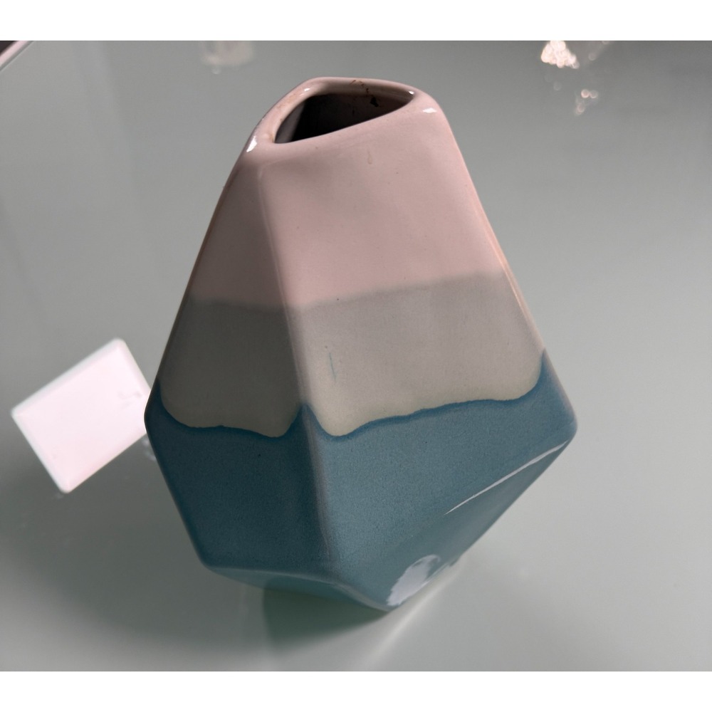 Modern Geometric Ceramic Vase 7 in Faceted Design Glossy Ombre Glaze Blue & Pink
